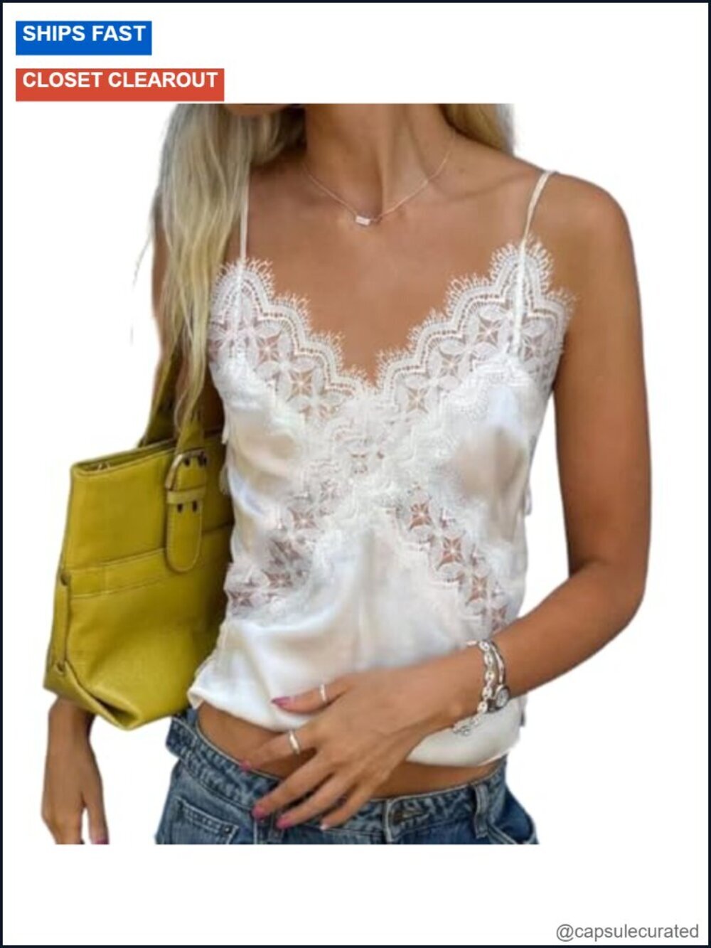 Satin Lace Cami V Neck Silk Camisole Spaghetti Strap Lace Trim Silky Tank Top